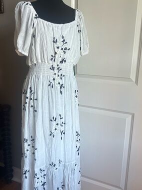 White Embroidered Maxi Dress with Black Floral Detail